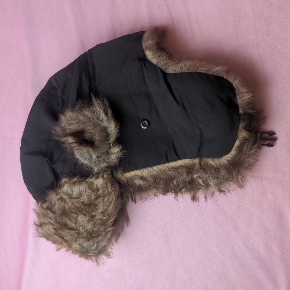 Black Faux Fur Trim Aviator Winter Cap